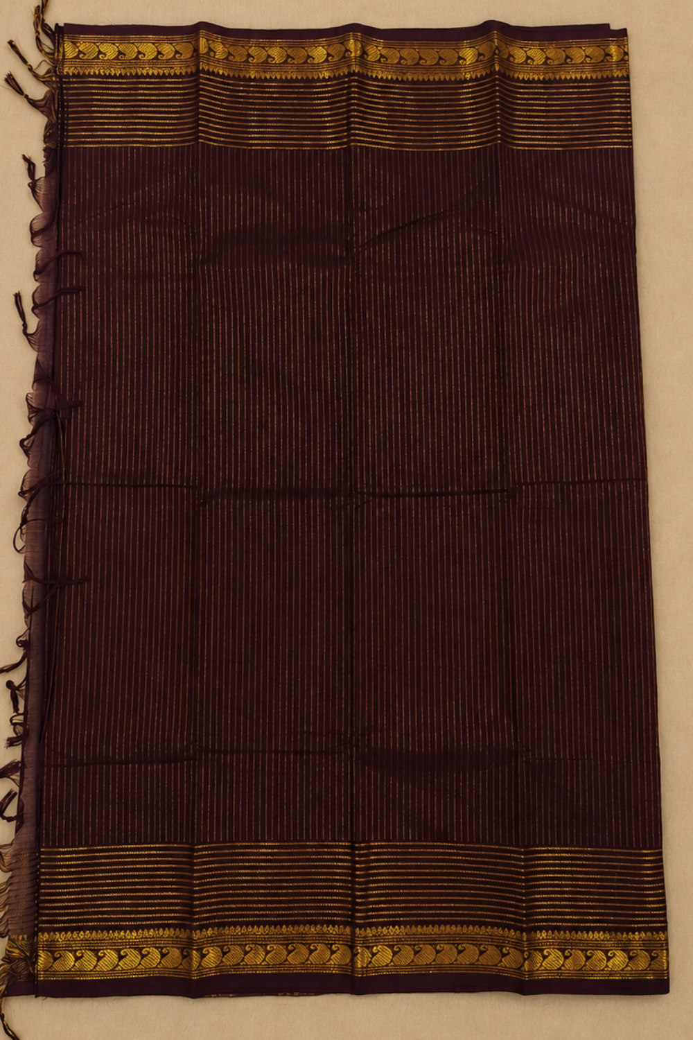 Coffee Brown Chettinad Cotton Saree with Golden Stripes & Peacock Border