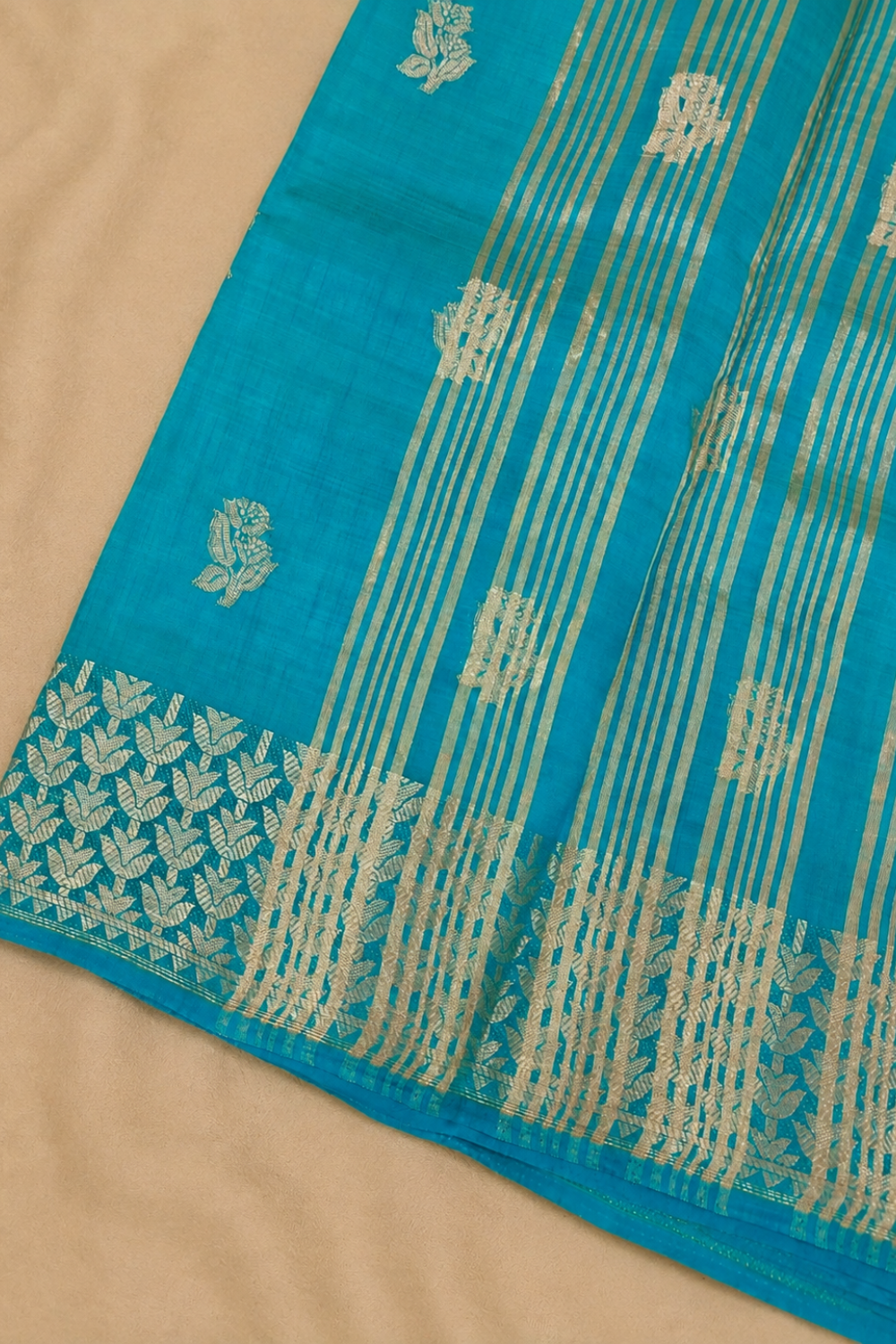 Teal Blue Tussar Saree with Zari Floral Buttas and Elegant Woven Border