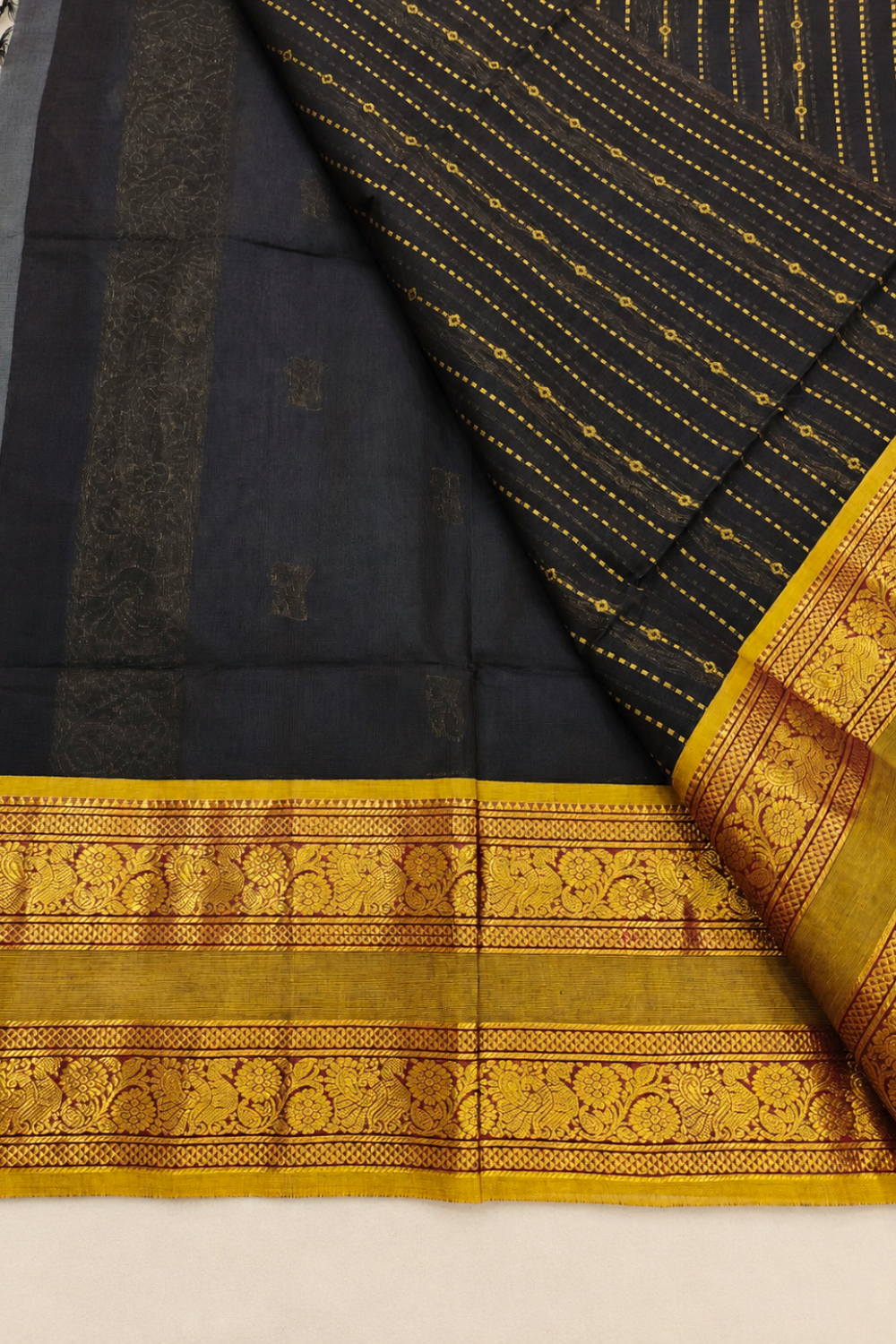 Deep Brown Chettinad Cotton Saree with Antique Gold Floral Border