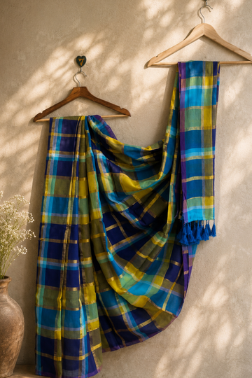 Blue & Green Multicolour Checked Mul Mul Cotton Saree