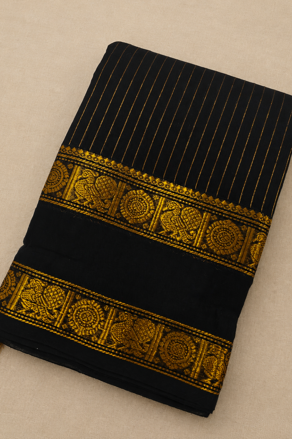 Classic Black Chettinad Cotton Saree with Traditional Golden Temple Border