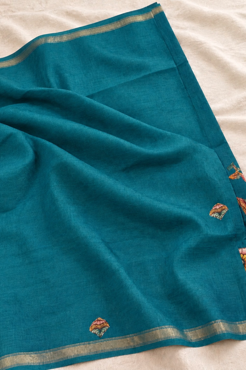 Teal Blue Linen Chanderi Saree with Floral & Peacock Print