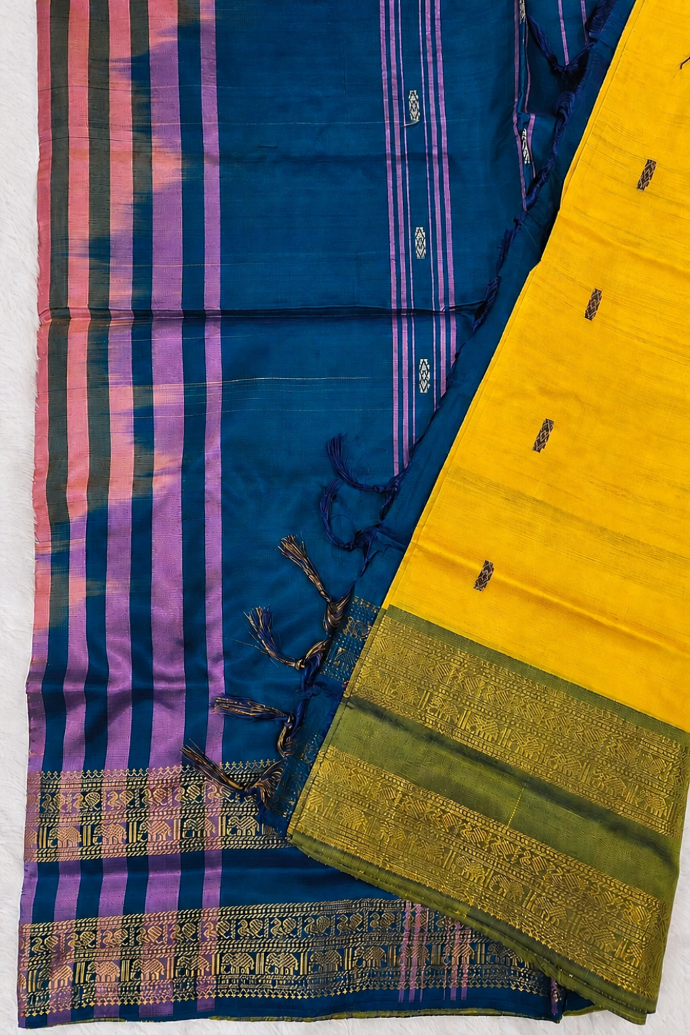 Sunflower Yellow & Royal Blue Vazhainaar Pattu Saree with Rich Contrast Zari Pallu