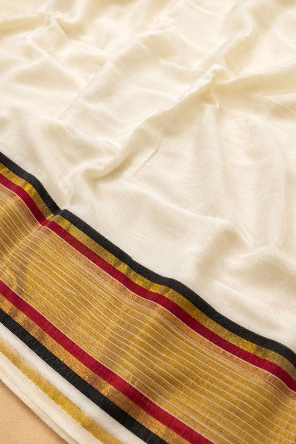 Off White Mul Mul Cotton Saree with Black & Red Temple Border