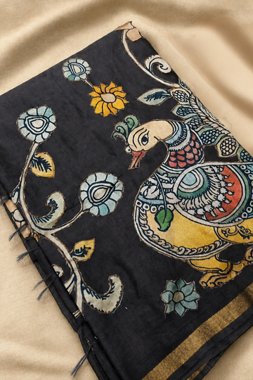 Grey Linen Saree with Multicolour Appliqué Peacock & Floral Work