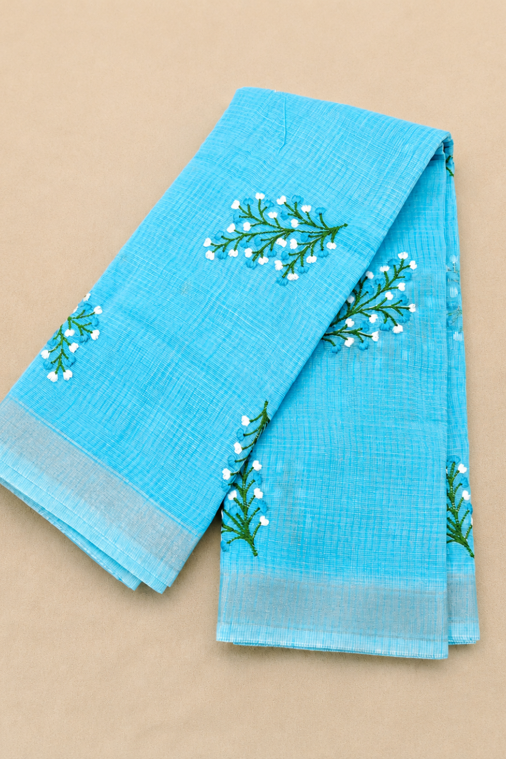 Sky Blue Kota Saree with Delicate Floral Embroidery