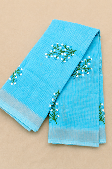 Sky Blue Kota Saree with Delicate Floral Embroidery