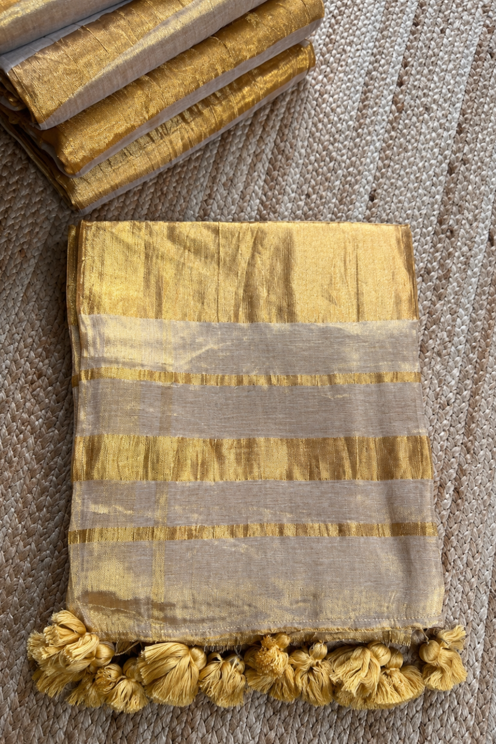 Golden Linen Tissue Saree with Zari Border & Tassel Pallu