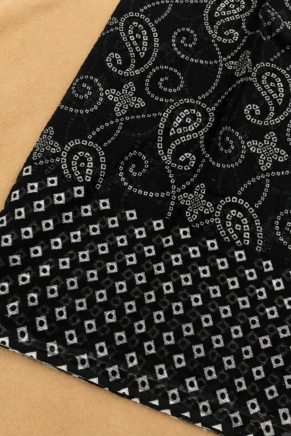 Black Kota Saree with White Bandhani-Inspired Print & Contrast Pink Blouse