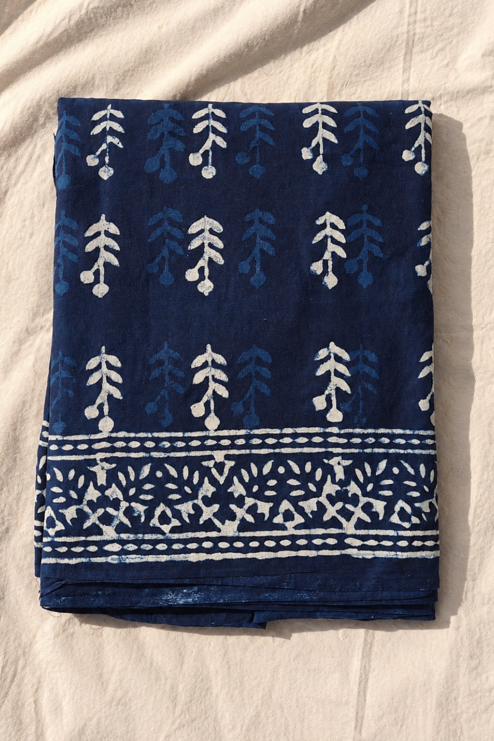 Indigo Blue Hand Block Print Linen Saree with Woven Border