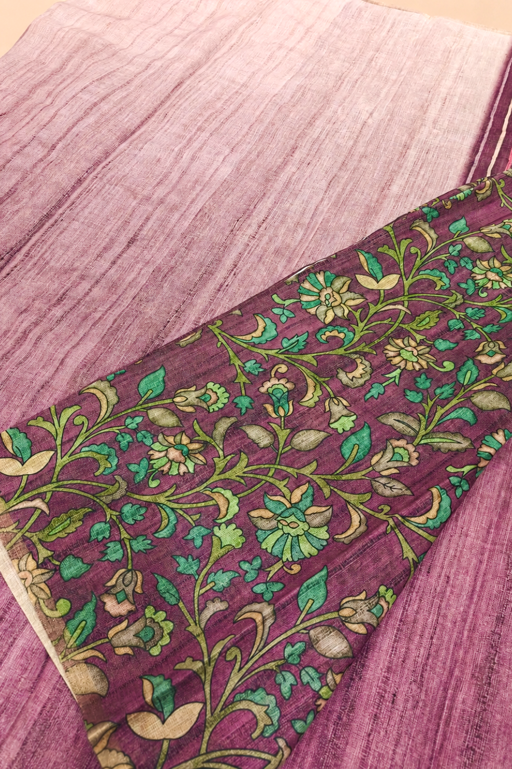 Dusty Mauve Jute Linen Saree with Striped Pallu & Kalamkari Printed Blouse