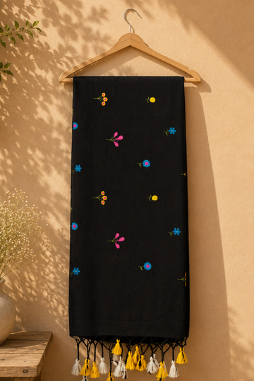 Black Linen Cotton Saree with Multicolour Floral Embroidery