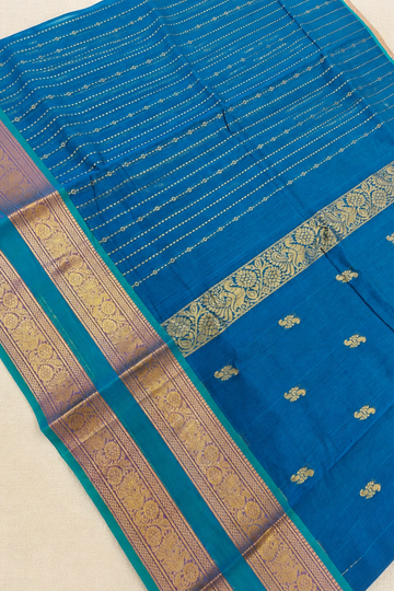 Peacock Blue Chettinad Cotton Saree with Rich Gold Zari Border & Floral Motifs