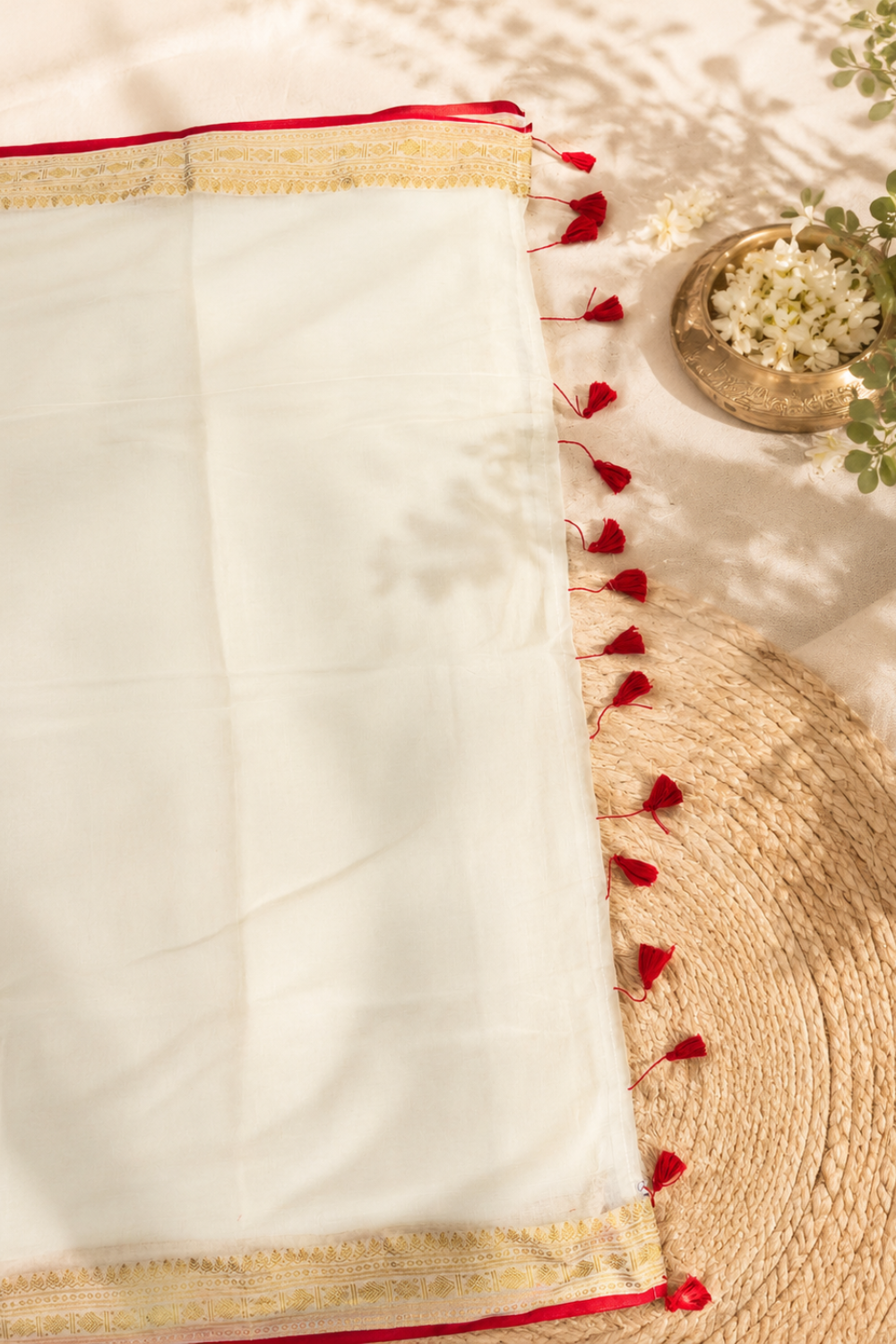Off White 120 Count Mul Mul Cotton Saree with Gold Zari Border & Red Selvedge