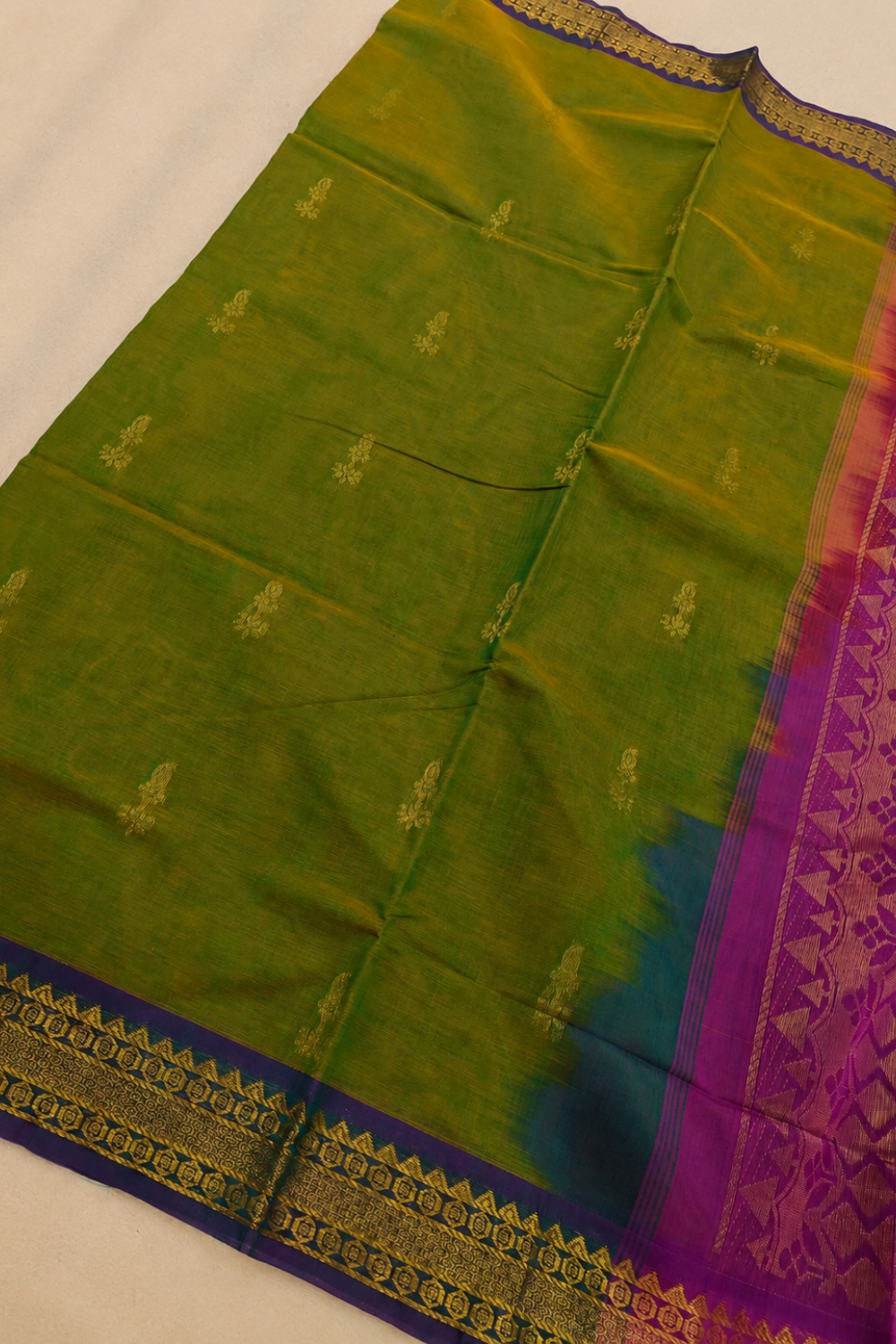 Parrot Green & Purple Chettinad Cotton Saree with Traditional Gold Motifs