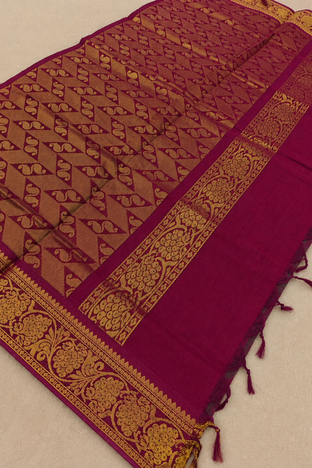 Deep Wine & Magenta Floral Chettinad Cotton Saree with Antique Gold Border