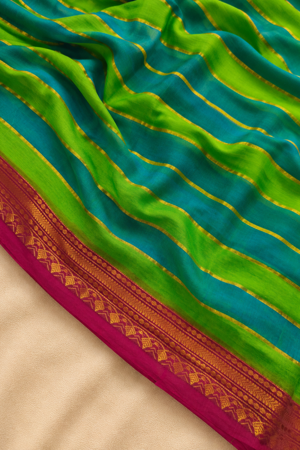 Blue & Green Striped Mul Mul Cotton Saree