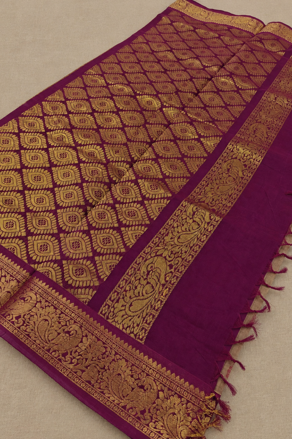 Taupe Beige Chettinad Cotton Saree with Magenta & Antique Gold Border