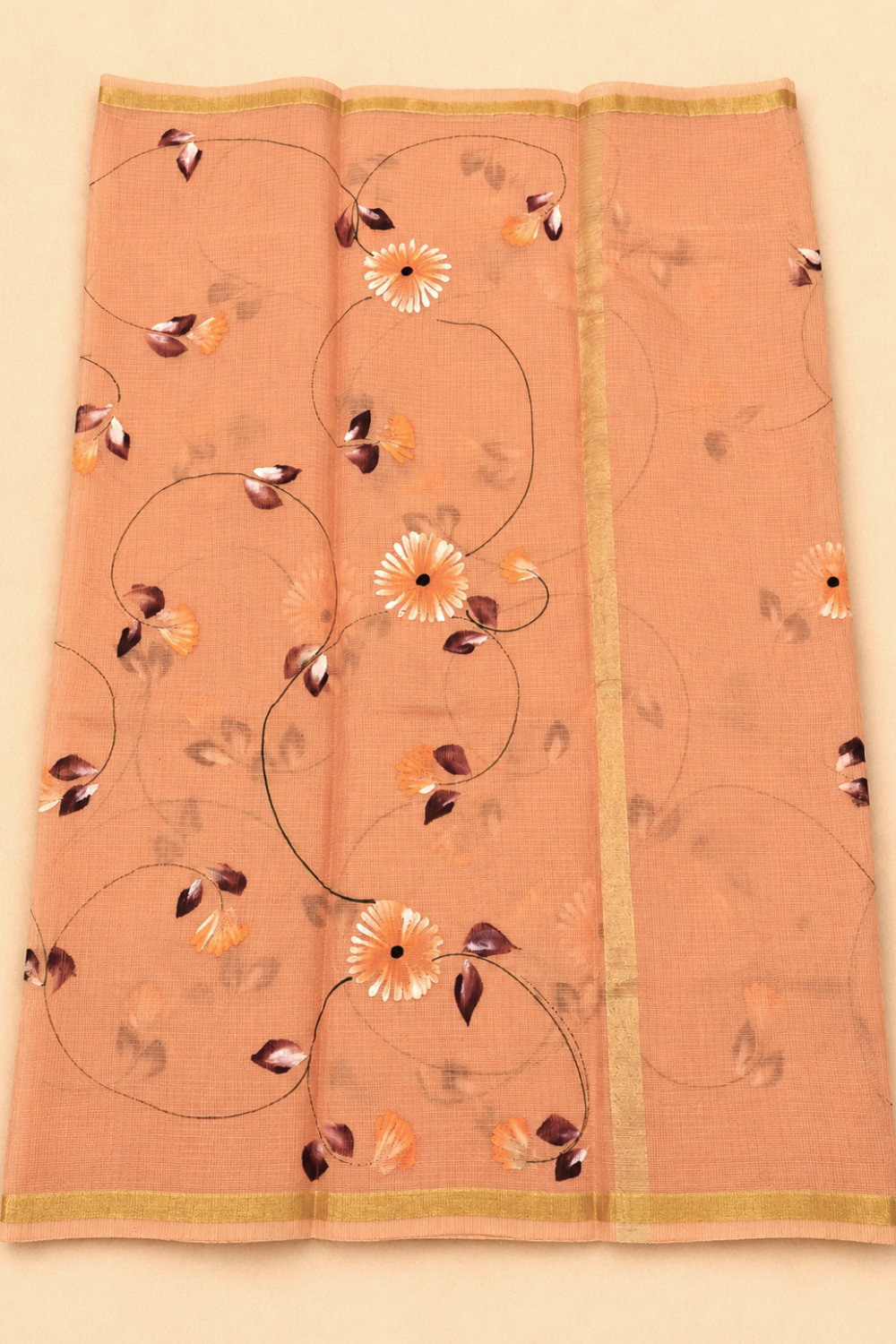 Peach Orange Hand-Painted Kota Saree with Floral Artwork & Golden Border