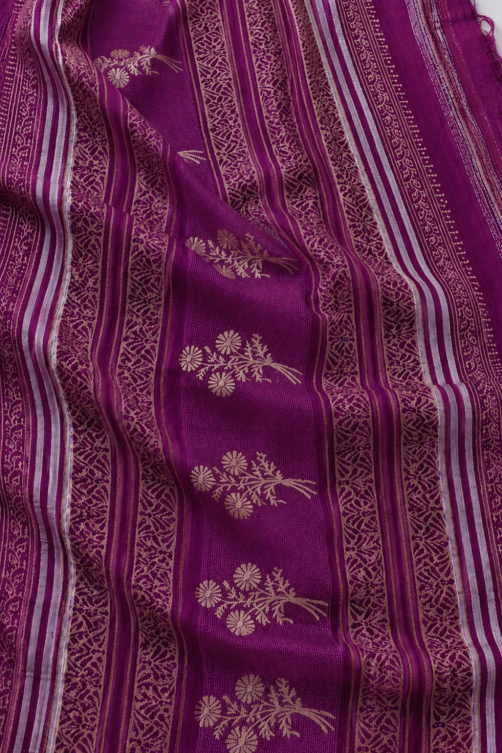 Wine Magenta Linen Saree with Traditional Block Print