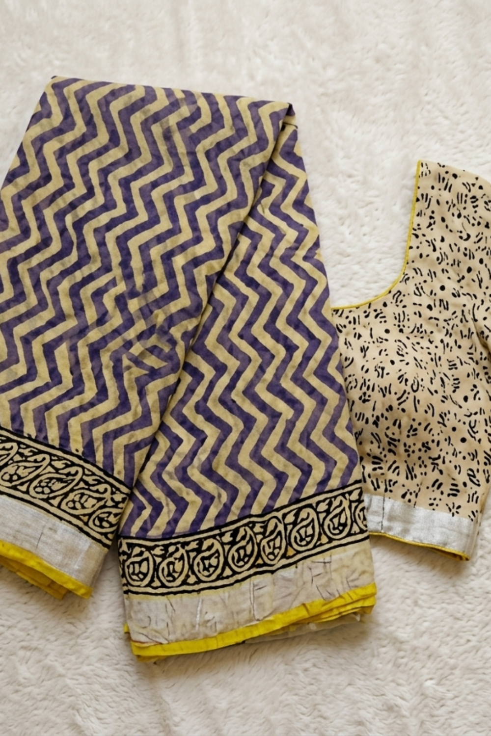 Ivory & Lavender Chevron Print Linen Saree with Mustard Accents