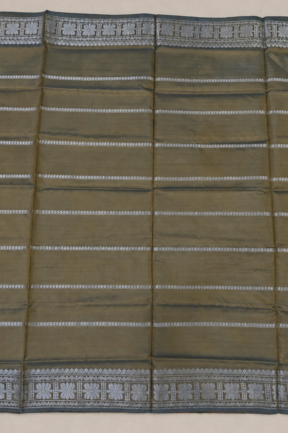Olive Green & Rust Orange Vegan Silk Saree with Silver Zari Floral Border