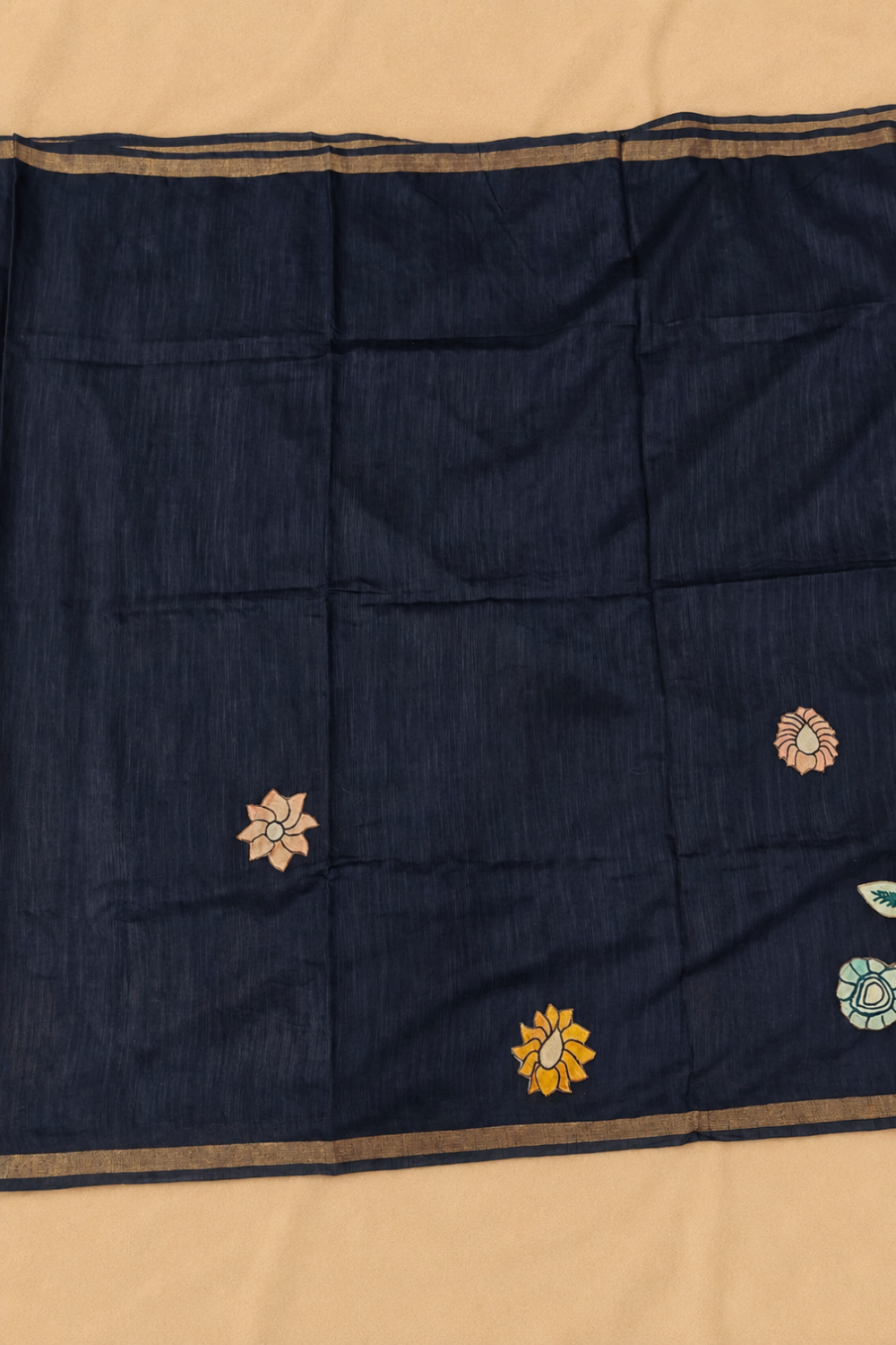 Navy Blue Linen Saree with Multicolour Appliqué Peacock & Floral Work