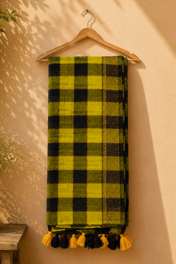 Black and Mustard Mul Mul Cotton Checked Saree