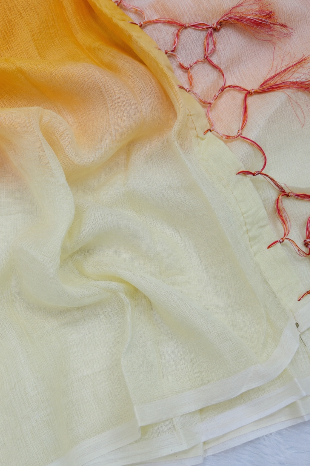 Sunrise Ombre Linen Blend Saree – Red, Yellow & Ivory