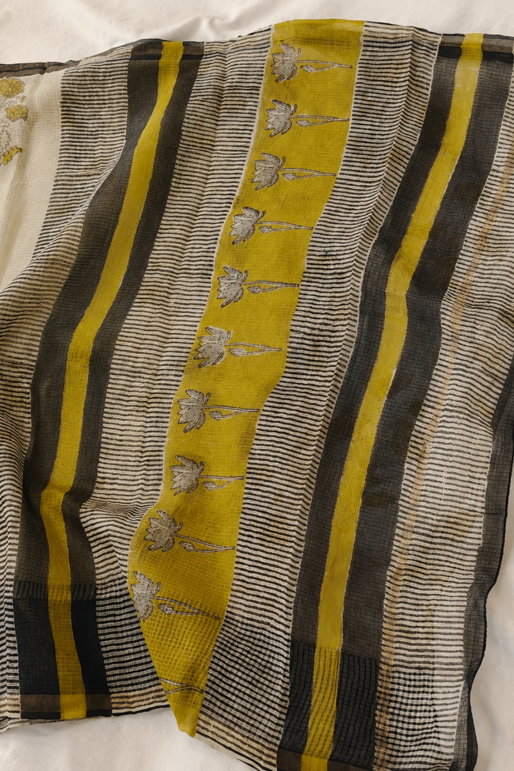 Ivory Hand Block Print Kota Doria Saree with Mustard Striped Pallu