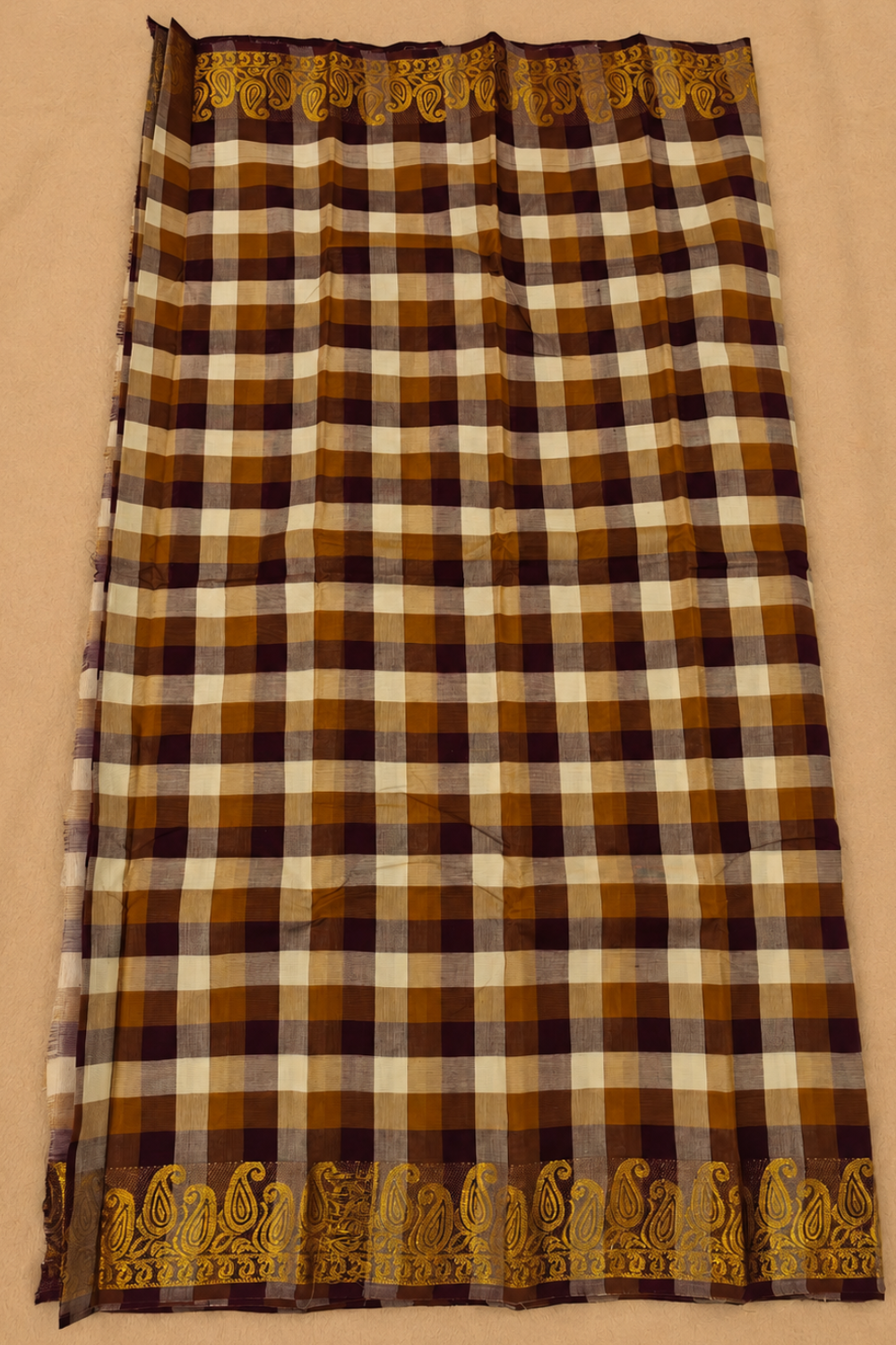 Brown Madras Checks Cotton Saree with Gold Zari Border