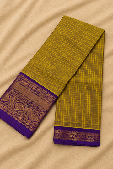 Olive Green Chettinad Handloom Cotton Saree with Royal Purple Zari Border