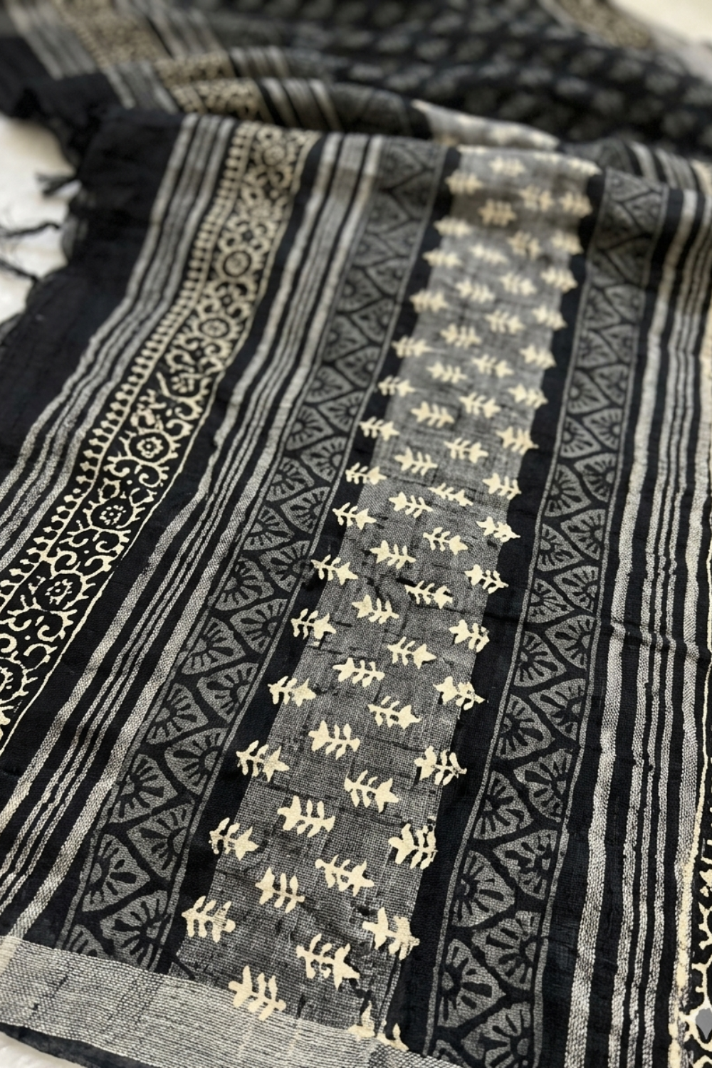 Black Hand Block Print Linen Saree with Silver Woven Border