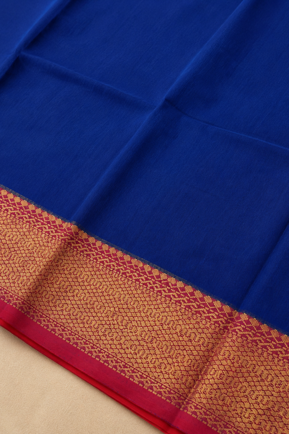 Royal Blue & Red Maheshwari Cotton Saree with Gold Zari Border