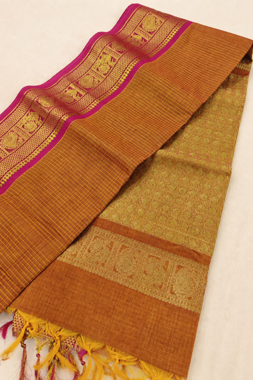 Rust Orange & Pink Chettinad Cotton Saree with Traditional Gold Zari Border