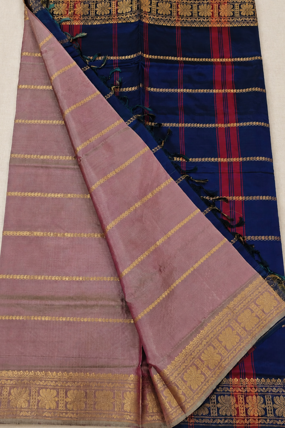 Dusty Mauve & Navy Blue Vegan Silk Saree with Gold Zari Border
