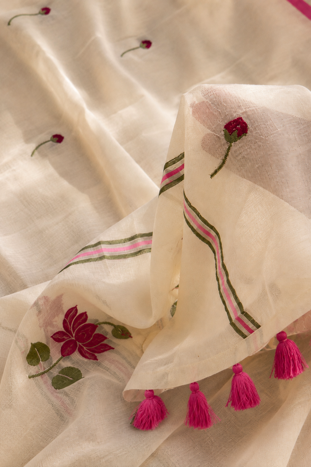 White Mul Mul Cotton Saree with Pink Lotus Embroidery