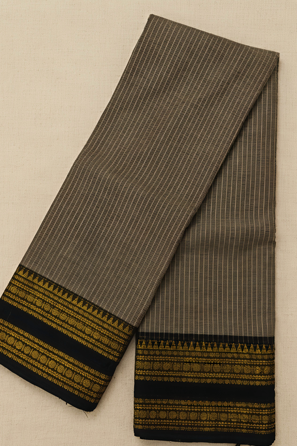 Charcoal Grey Chettinad Cotton Saree with Black & Gold Traditional Border