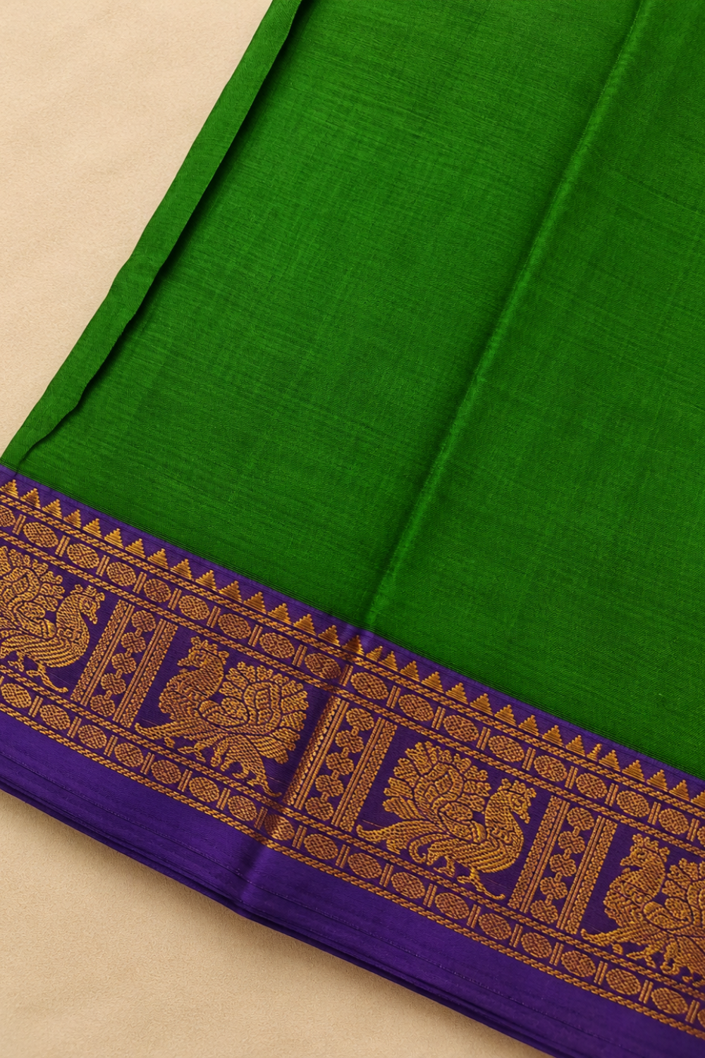 Emerald Green & Purple Narayanpet Cotton Saree with Traditional Gold Zari Border