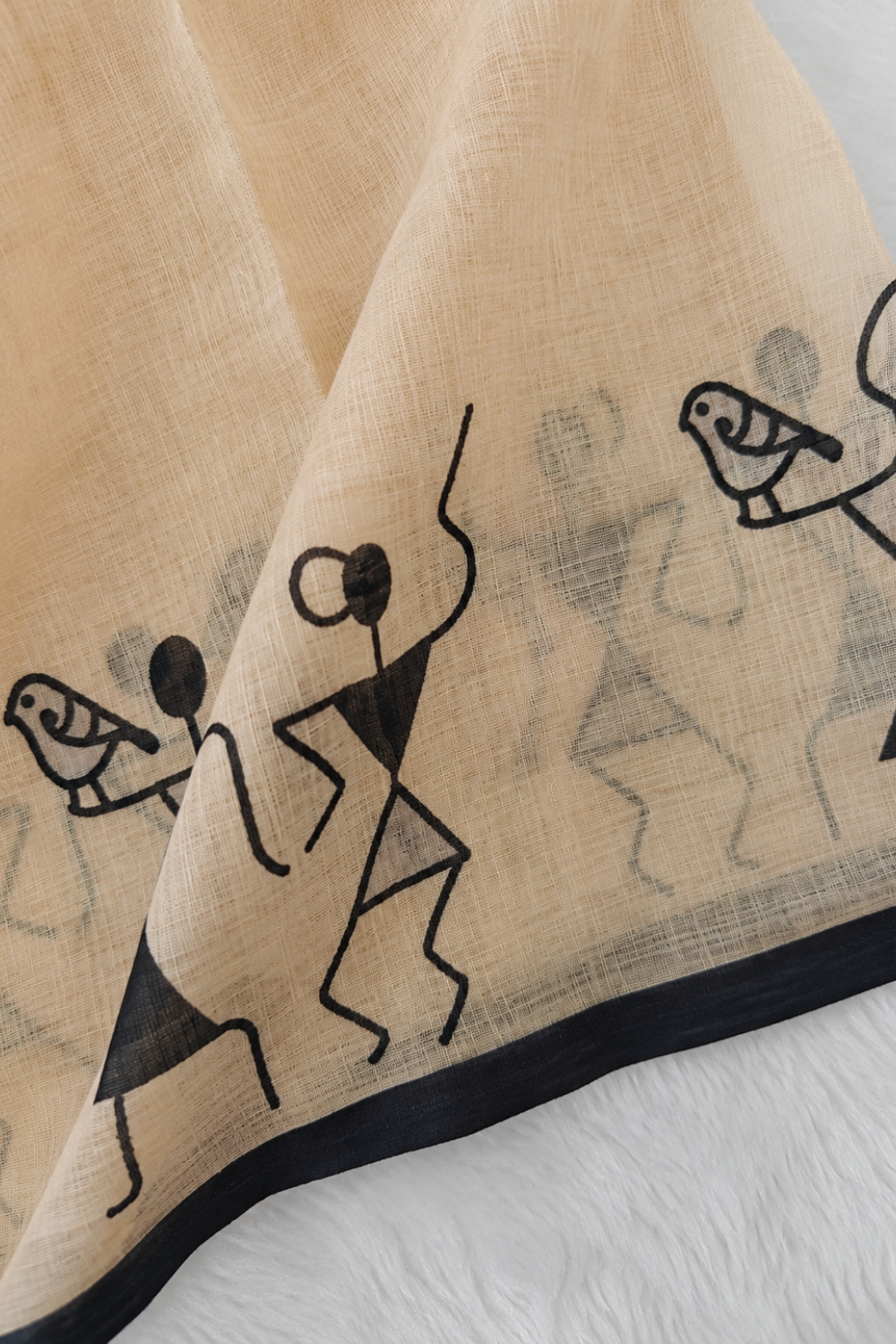 Beige Warli Print Linen Blend Saree with Black Border