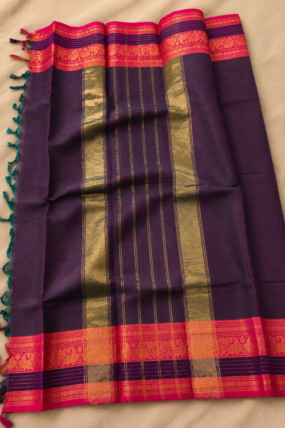 Purple Handloom Chettinad Cotton Saree with Rani Pink Peacock Motif Border
