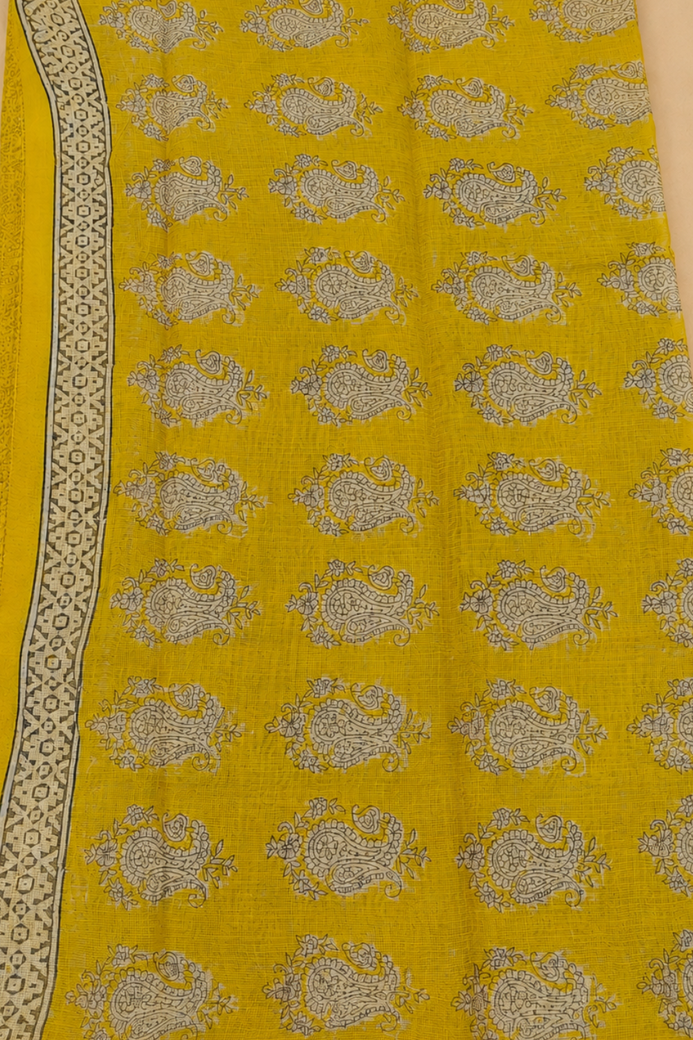 Mustard & Black Hand Block Printed Kota Doria Saree