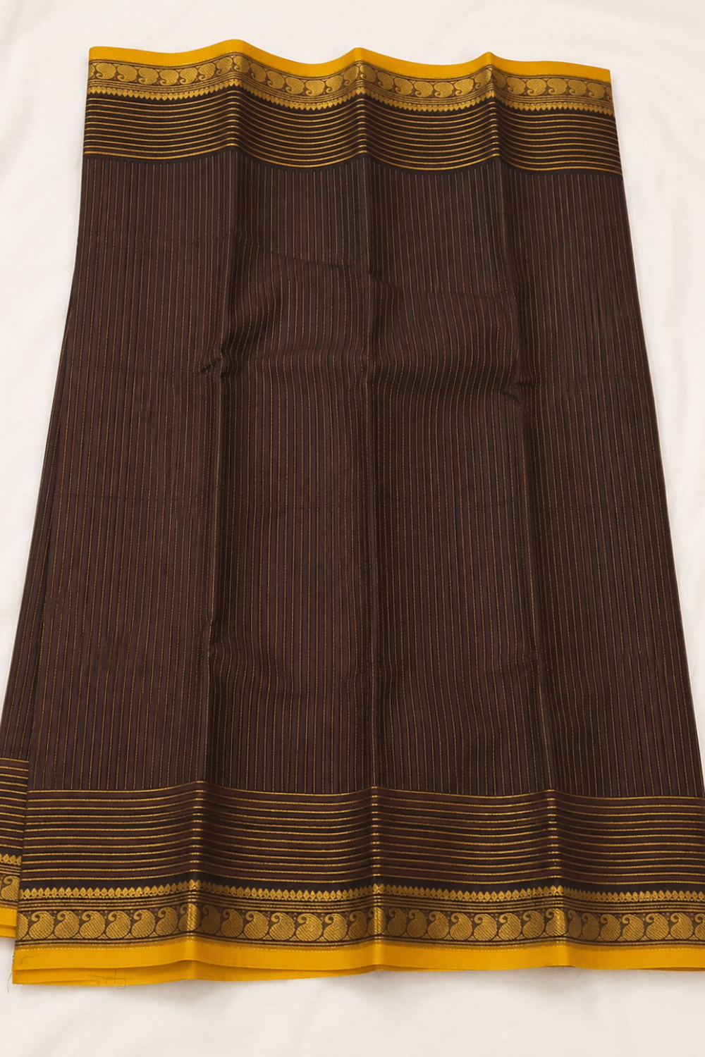 Coffee Brown Handloom Chettinad Cotton Saree with Stripes, Mango Motif Border & Mustard Yellow Selvedge