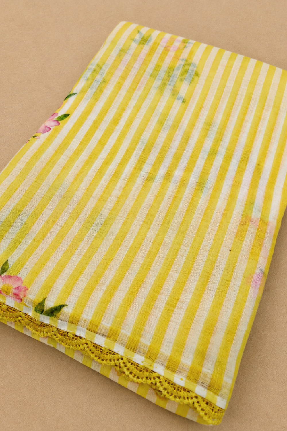 Yellow & White Striped Linen Saree with Floral Prints
