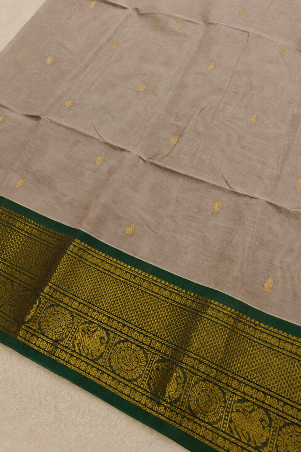 Elegant Beige Chettinad Cotton Saree with Green & Gold Zari Border
