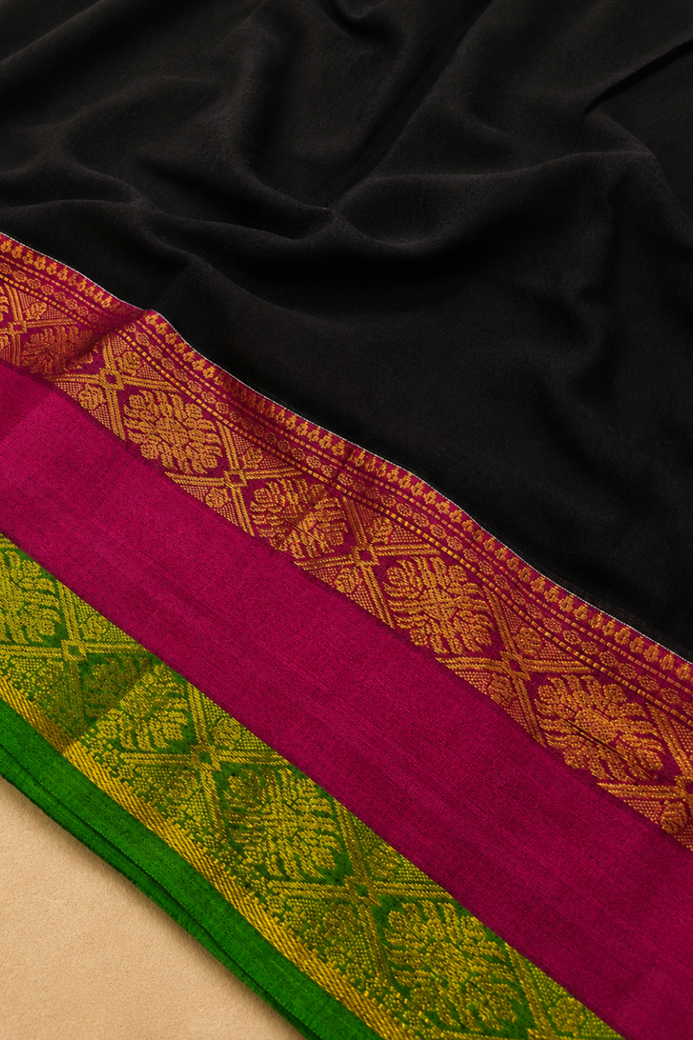 Black Mul Mul Cotton Saree with Pink & Green Border