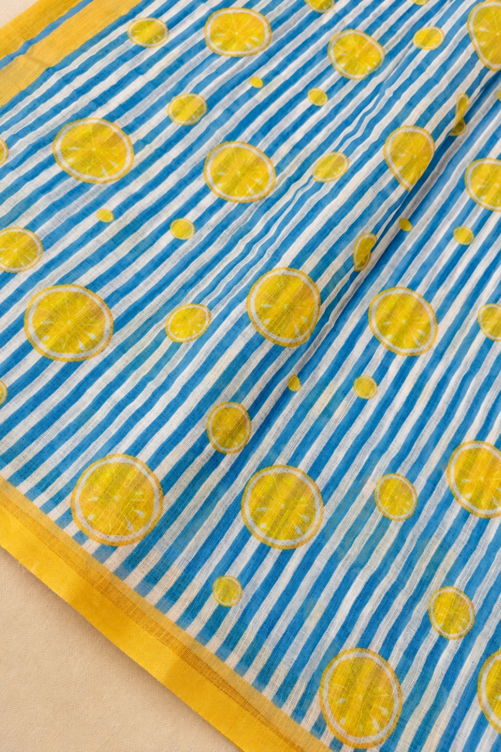 Sky Blue & White Striped Linen Blend Saree with Motifs & Yellow Blouse
