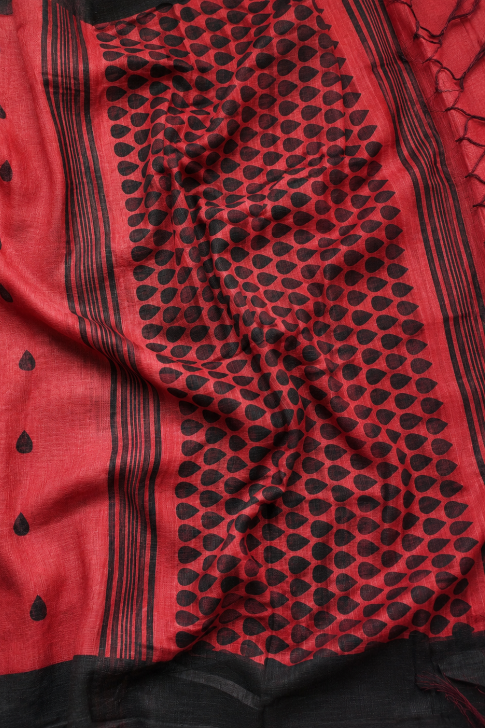 Crimson Red Linen Blend Saree with Black Drop Motifs