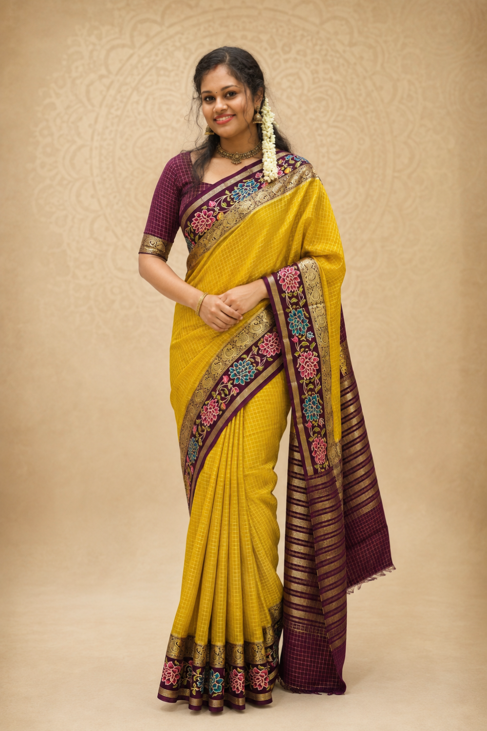 Mustard Yellow Mysore Crepe Saree with Rich Floral Contrast Border & Blouse