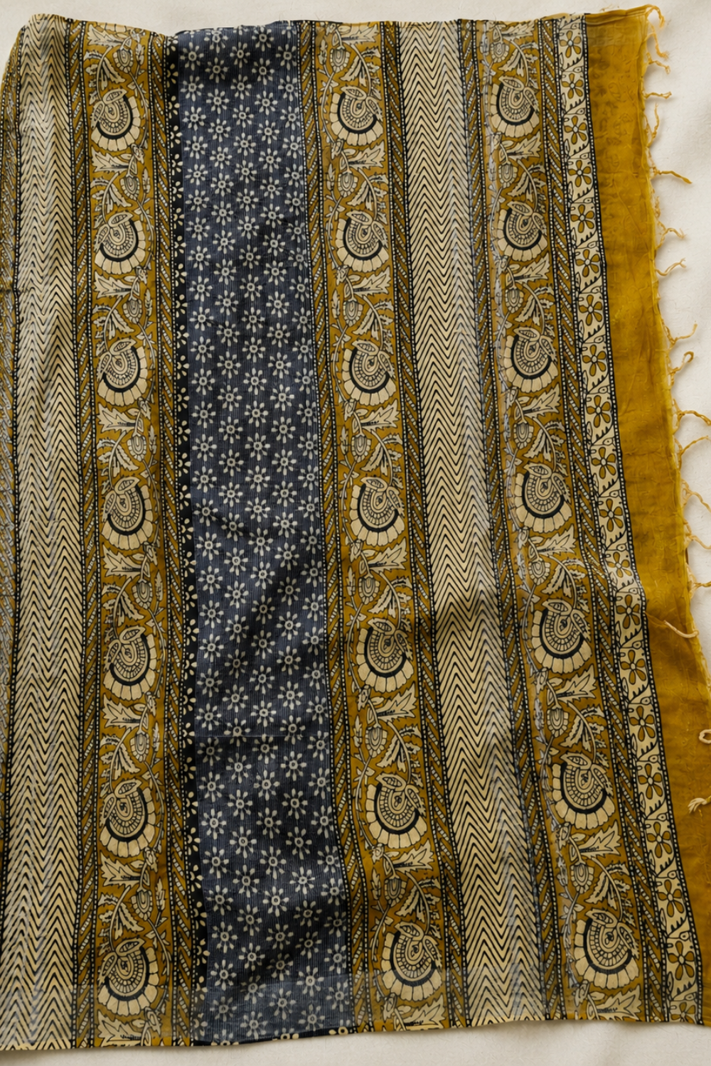 Mustard Yellow Linen Saree with Traditional Block Print